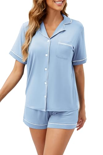 Image of LUBOT Womens Bamboo Viscose Pajamas for Women PJ Set 2 Piece Cooling Soft Short Sleeve Capri Pants Summer Sleepwear Set S-XXL