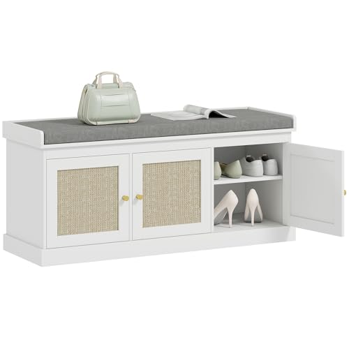HOMCOM Banc Chaussures entrée 9 Paires, Banc de Rangement, Assise rembourrée, 3 Portes en rotin, Coussin et étagère réglable, Style bohème, pour entrée,...