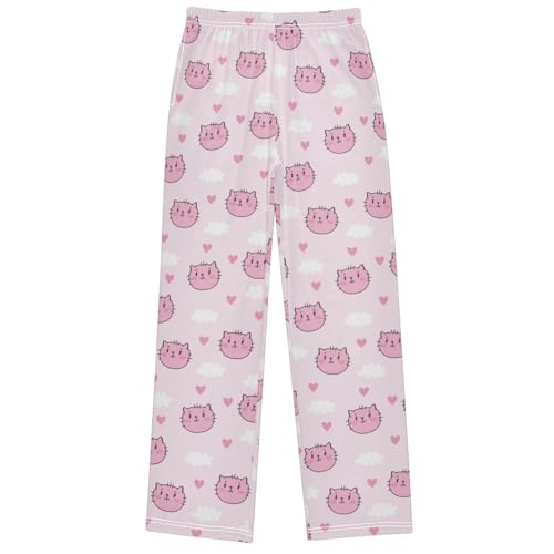 Boy's Pj Pants Cloud Pink Cat Face Heart Lounge Bottoms Elastic Waist Kids Joggers with Pockets Size 6-14