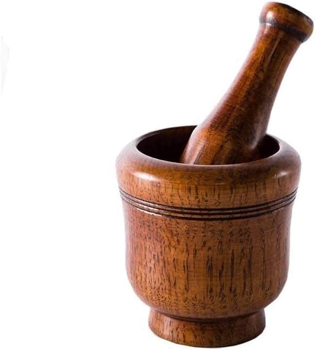 Juego de mortero y maja, Juego de mortero y maja de madera, molinillo de especias y hierbas, 9,6 x 6,5 x 10 cm, mortero y maja de 15 cm.