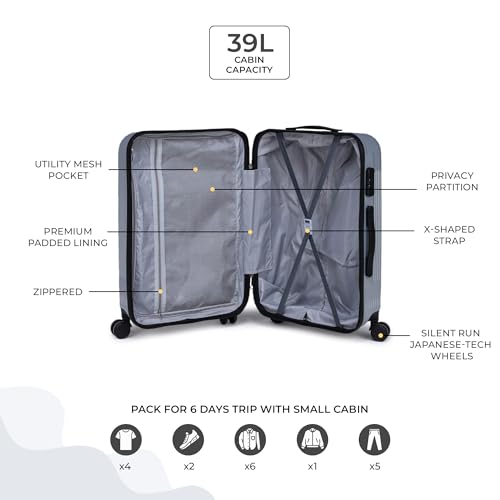 Image of ACEPACK Brampton 56 cms Silver Hard Sided Cabin Size Luggage Trolley Bag for Travel Suitcase with 8 Spinner Wheels for Men and Women,
