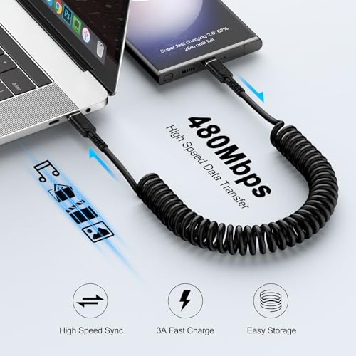 Coiled USB C to USB C Charger Cable for Car,60W Type C Samsung Phone Charger Lead Fast Charge Retractable Android Auto Cable for Samsung Galaxy S24 Ultra S23 FE S22 S21 S20 A17 A16 A15 A55,iPhone 16 - Image 4