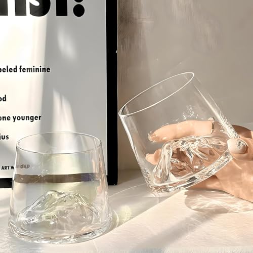Image of Premium Mountain Base Whiskey Glass Set of 4, 230ml Crystal Tumblers for Bourbon, Scotch & Cocktails (4, Everest)