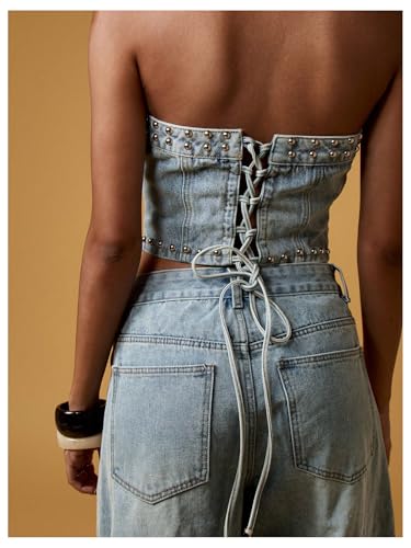 MakeMeChic Women's Studded Denim Tube Top Lace Up Strapless Summer Y2K Bandeau Shirt2