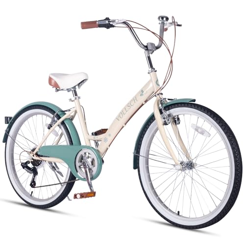 vollsch 24 Inch Hybrid 6-Speed Beach Cruiser Bike for Girls Ages Over 8 Years Old Kids Bicycle with Dual V-Brakes Adjustable Seat Sage Green Fenders