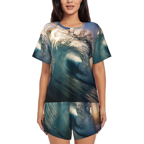 Pyjama vagues femme ensemble deux pièces col rond vêtement de nuit doux short