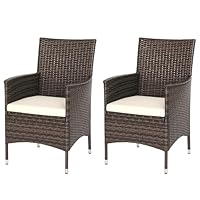 Outsunny 2 Pieces Outdoor PE Rattan Dining Chairs Set with Cushion, Garden Armchair with Armrests, High Backrest, Metal Frame Patio Wicker Furniture, Mixed Brown