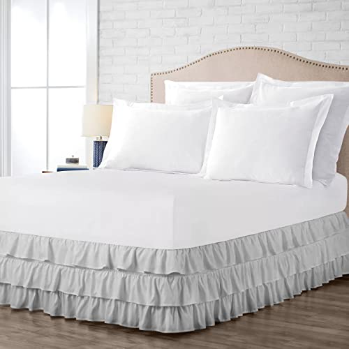 Omanium Multi-Ruffle Bed Skirt, Soft Multi Ruffle Bed Skirt Elastic Dust Ruffles with Wrap Around Bed Skirt Easy Fit with 18 Inch Drop 100% Cotton 800 Thread Count Bed Skirt (Queen, Light Grey)