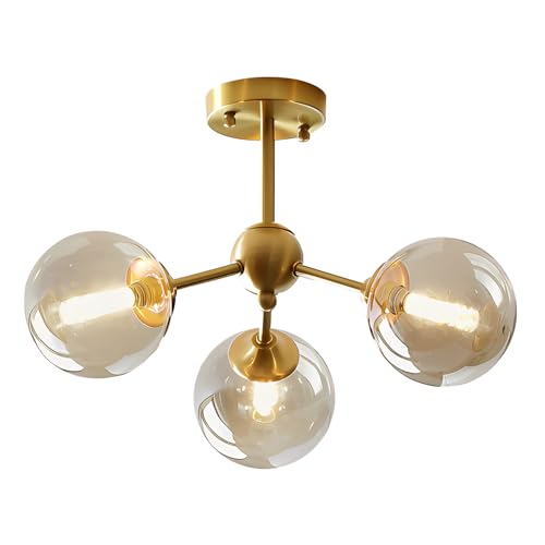 Image of KCO Lighting Small Amber Glass Ceiling Light Bubble Sputnik Chandelier Brass Gold Semi Flush Mount Ceiling Light for Kitchen Bedroom Hallway