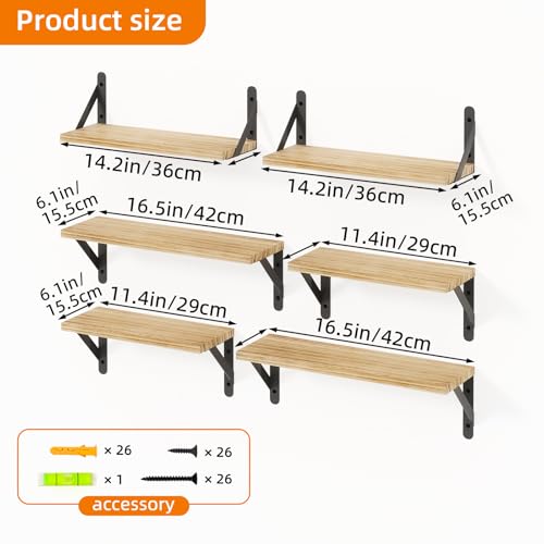 Whonline 6pcs Wall Shelves for Bedroom Decor, Floating Shelves for Wall Storage, Display Mounted Rustic Wood Shelf for Books,Plants,Corner Shelves for Bathroom,Kitchen,Living Room