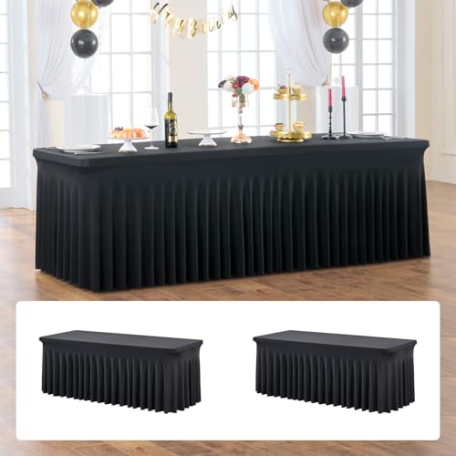 Image of 2 Pack Black Fitted Spandex Table Cloth Rectangle 8ft, Wrinkle Free High-Stretch Skirted Tablecloths for 8 Foot Rectangle Tables, Decor Parties Weddings Birthday Banquet Spandex Table Cloths Cover