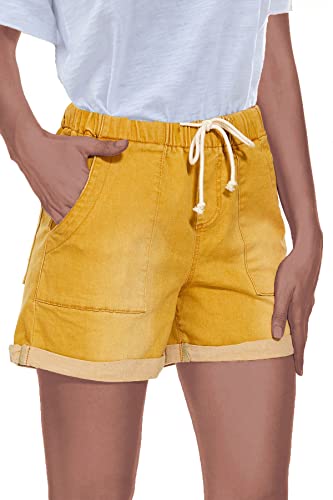 Neyouqe Women's Baggy Jeans Shorts Short Panties Vacation Clothing Athletic High Waisted Running With Pocket Gym Elastic Workout Biker Soft Stretch Khaki Board Pants Summer Fall Folded Hem Hot Denim L #TOP29