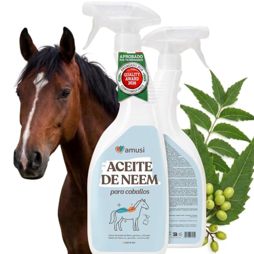 AMUSI Aceite de Neem para Caballos Spray 750 ml - Spray Repelente Mosquito Natural con Citronela y Geraniol, Protección del Pelaje, Barrera para Uso Exterior, Fabricado en Italia