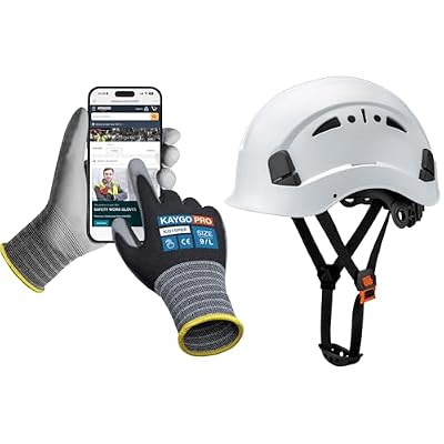 KAYGO 12 Pairs Grey Touchscreen PU Coated Safety Work Gloves KG15P and 1 Pack Blue Vented Hard Safety Helmet for Men and Women, Ideal for General Work.