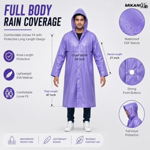 Image of MIKANIX Waterproof Hooded Raincoat for Men & Women | Full Length Reusable PVC Rain Wear | Lightweight Windproof Rain Jacket with Front Button Closure (Pack of 1)