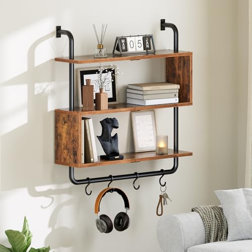 Image of HOOBRO Floating Shelves with LED Lights, 29.5 inch LED Wall Mounted Gaming Shelf, 3-Tier Pipe Display Rack with Hanging Rod and 4 S-Hooks, for Storage Livingroom, Bedroom, Rustic Brown and Black BF21DBJ01