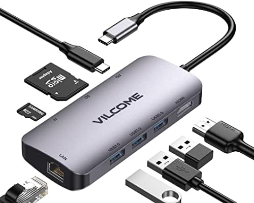 USB C Hub Multiport Adapter, Vilcome 8 in 1 USB C Hub with Gigabit Ethernet, 4K HDMI, 100W PD Charging, USB 3.0 5Gbps Data Ports, SD/TF Card Reader, for MacBook Pro/Air HP Dell Laptops