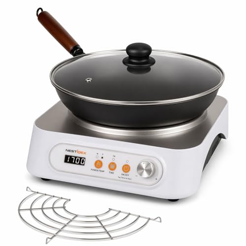 Portable Electric Induction Wok Burner, 13' Carbon Steel Wok Included, 1700W Non-Pulse Heating, Professional Concave Countertop Stir-Fry Cooking System for Kitchen Apartment RV
