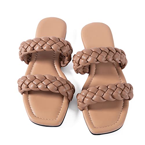 Image of Mtzyoa Women Flat Sandals Raffia Braided Summer Straw Dressy Casual Vacation Bohemian Cute Beach Comfy Slip On Slides