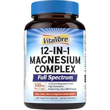 Vitalibre 12 in 1 Magnesium Complex Supplement 500mg | Max Absorption Chelated Magnesium Glycinate Citrate Malate & More for Bone, Nerve & Digestive Support | Non-GMO Vegan Capsules 240 Count