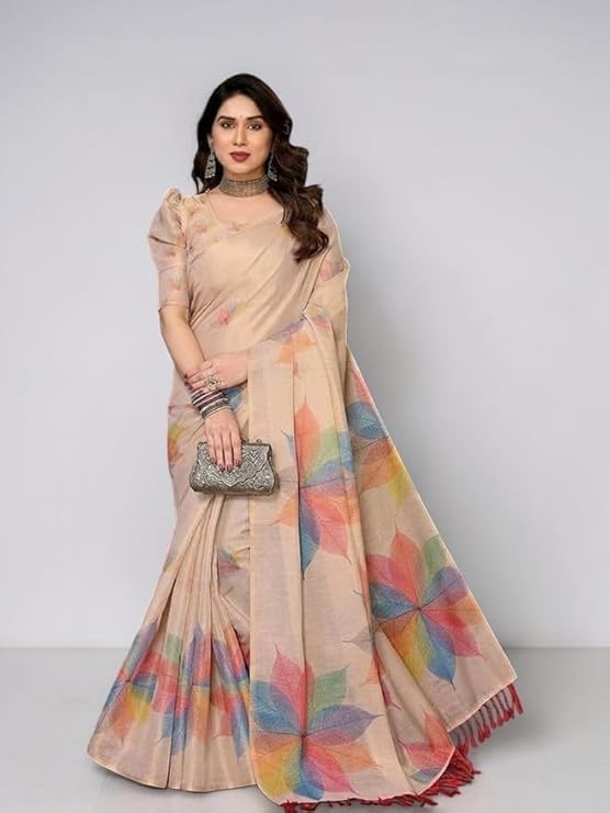 Image of Lilan Cotton Saree with White Daisy Floral Prints Tassel Pallu Lightweight Summer Saree