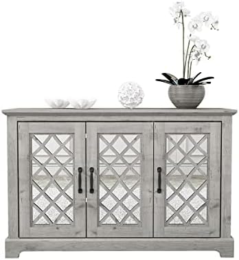 Galano Millicent 3 Door Accent Cabinet with Storage - Modern Distressed Oak Finish - Entryway - Foyer or Living Room - Easy Assembly - Acrylic Mirror Doors - Mexican Grey