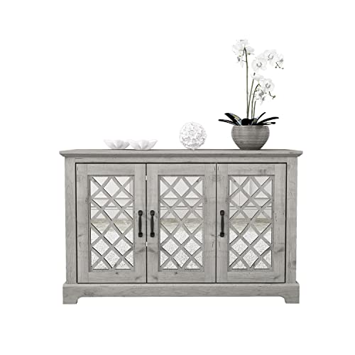 Galano Millicent 3 Door Accent Cabinet With Storage - Modern Distressed Oak Finish - Entryway - Foyer Or Living Room - Easy Assembly - Acrylic Mirror Doors - Mexican Grey #TOP30