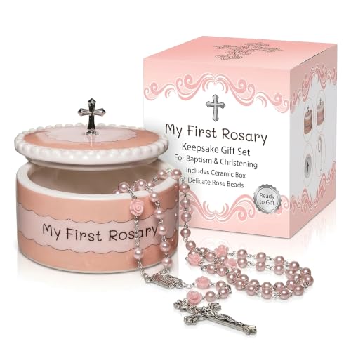 Image of Baptism Gifts for Girl - My First Rosary with Keepsake Box, First Communion Gifts for Girls, Baptisms Gifts for Boys or Girls Christening. Pink Rosary, Ceramic Box and Gift Packaging