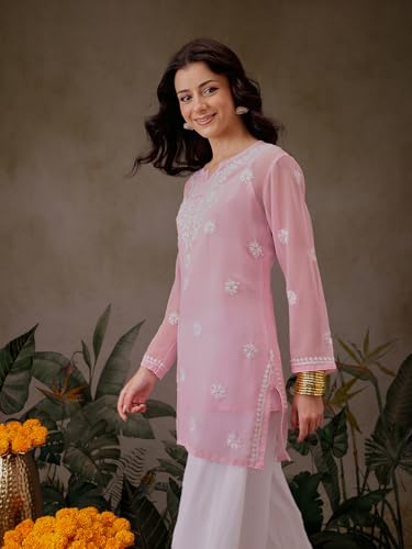 Image of Ada Women's & Girl's Georgette Hand Embroidered Lucknow Chikankari Regular Fit Short Kurti Top with Slip A911300
