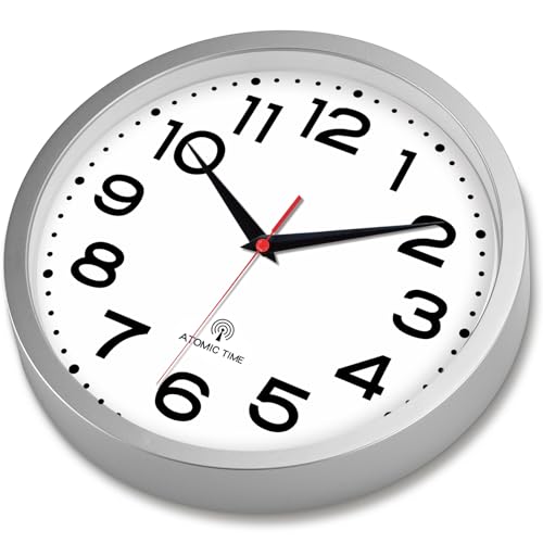 Image of Roymnie 14 Inch Atomic Wall Clock, Battery Operated Silent Non Ticking | Silver analog wall clock; bold numerals for easy reading; silent non-ticking; 1 AA battery (not included); for classroom