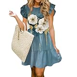 ZCJBWWHF Women Summer Dress Casual Crew Neck Cap Sleeve Ruffle Tiered Babydoll Mini Dresses Solid Color Beach Party Sundress Vestidos para Mujer Elegantes Light Blue XX-Large