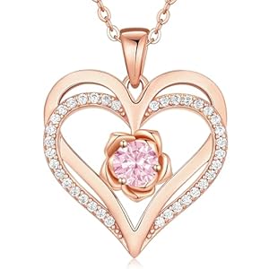CDE Gifts for Women, Ideal Wedding Anniversary, Birthday Gift for Wife, Rose Flower Love Heart Birthstone Necklaces for Women Christmas, 925 Silver Rose Gold Jewelry for Girlfriend Mom Her