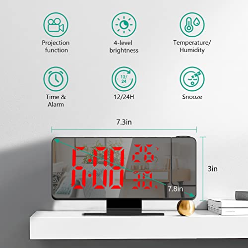 Oria Projection Alarm Clock For Bedrooms, Alarm Clock With 180° Projection On Ceiling Wall, 7.8" Mirror Led Digital Clock With Temperature Humidity, Usb Charging Port, Snooze, Adjustable Brightness #TOP1