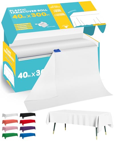 Image of Niuara White Plastic Table Cover Roll - 40IN x 300FT, Table Cloth for Rectangle Table with Slide Cutter, Plastic Table Cloth Disposable with Cut-to-Size Design for Weddings, Banquets, Parties
