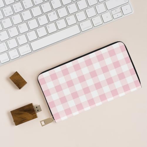 Leather Thin Slim Wallets for Women & Men - Pink Checkboard A Print Card Wallet Holder with Zipper4