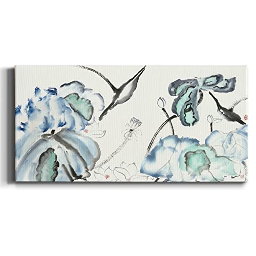 Renditions Gallery Canvas Floral Wall Art Home Paintings & Prints Blue Lotus Flowers Modern Botanical Canvas Wall Hanging Decorations for Bedroom Office Kitchen Artwork - 16"x32" -LT515