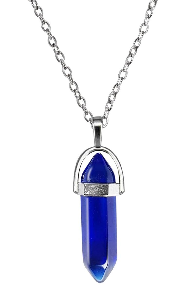 Blue Glass Healing Crystal Hexagonal Point Prism Pencil Shape Locket Pendant Necklace With Clavicle Chain For Girl's & Women-image-5