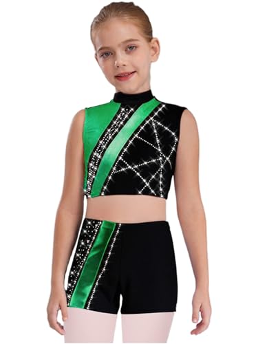 YEAHDOR Kids Girls 2 Piece Gymnastics Ballet Dance Outfits Rhinestones Metallic Crop Tops with Shorts Set Green 14 Years