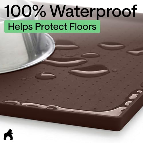 Image of GORILLA GRIP 100% Waterproof Raised Edge BPA Free Silicone Pet Feeding Mat, Dog Cat Food Mats Contain Spills Protects Floors, Placemats for Cats and Dogs Water Bowl, Pets Accessories 16x10, Brown