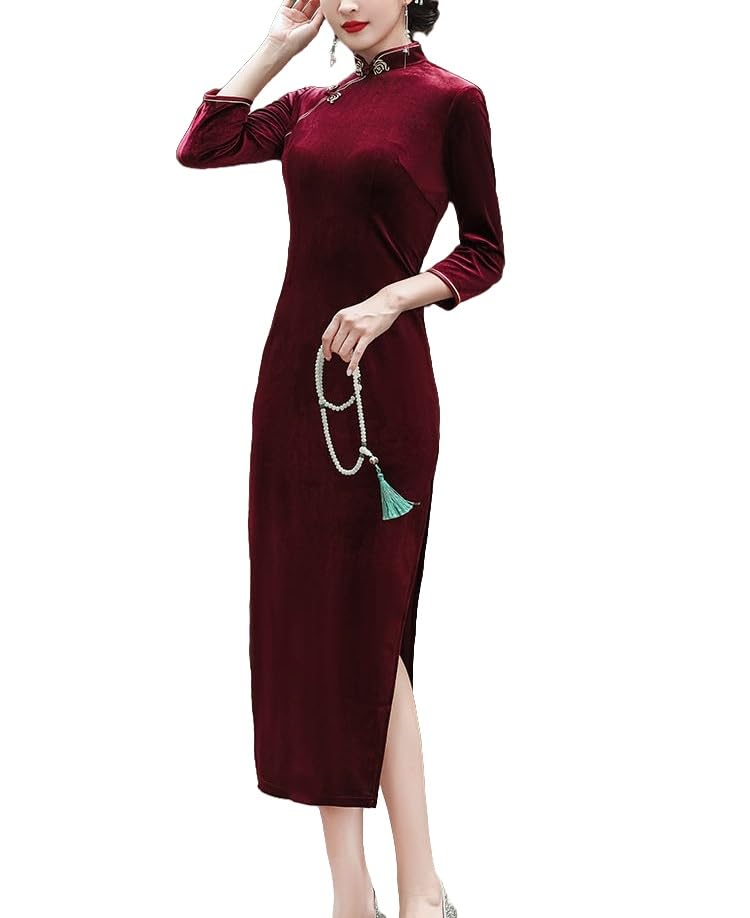 Generico Abiti Cinesi da Donna in Velluto Cheongsam Lungo con Colletto alla Coreana vestibilità Attillata Maniche A 3/4 Aderenti in Velluto Tinta Unita Abiti da Sera Qipao con Spacco Laterale Sexy