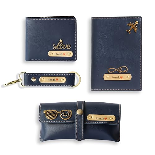 Image of Personalised All in One Men's Combo Gift (4 pcs) Customized Leather Wallets, Key Chain, Eyewear Case and Passport Cover with Name | Best Gift for Brother, Husband, Boyfriend, Father (Blue)
