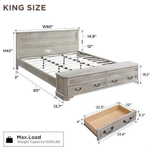 T4TREAM Farmhouse King Bed with Headboard and Storage Bench, Rustic Wood Platform Bed with 80\" Storage Chest w/ 4 Large Drawer, Light Rustic Oak