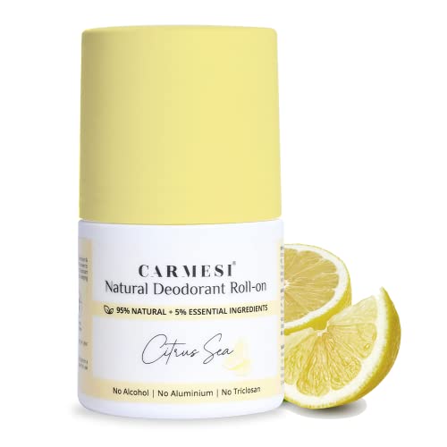 Image of Carmesi Natural Underarm Roll On Deodorant for Women | 95% Natural + 5% Essential Ingredients | For Fresh Underarms All Day | No Alcohol & Aluminium | Citrus Sea | 50 ml