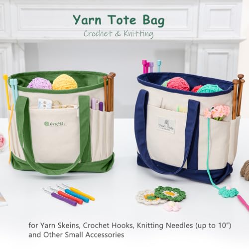 Image of MYBAGZING Canvas Yarn Storage Organizer Bag Washable Crochet Bag with Pockets for Yarn, Hooks, Needles - Travel Knitting Tote for Crafters - Gift for Crocheters & Knitters (Medium /Large)