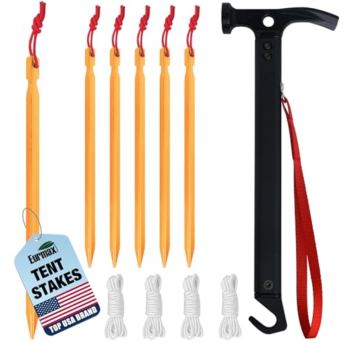 Image of Eurmax USA Hiking Camping Tent Stakes and Hammer Set Lightweight Multi-Function Tent Hammer with Tent Stake Remover,Tent Pegs for Camping, Hiking, Backpacking, Gardening(Gold Stakes)
