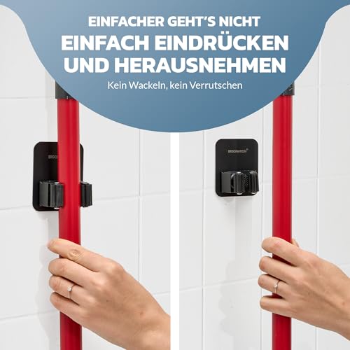 Selbstklebende Besenhalter & Gerätehalter Wand ohne Bohren und Schrauben | Robuste Wandhalterung aus Edelstahl für Besen, Werkzeug, Pfannen, Garten, Werkstatt, Garage, Küche, Badezimmer (Schwarz, 4)