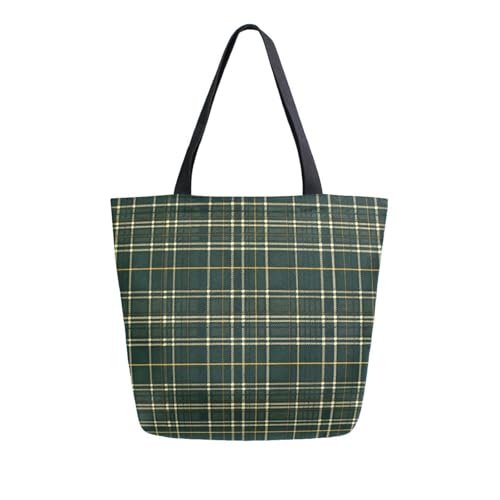 Extra Large Shoulder Tote Bag for Beach Travel Weekender Gym Dark Green Gold Plaid Pattern Reusable Grocery Canvas Shopping Bag