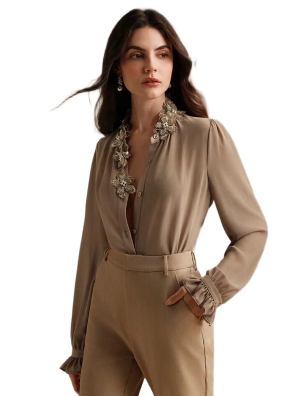 pataka devi Women Pure Cotton Formal Shirt with 3D Floral Embroidery, Lightweight Breathable Fabric, Regular Fit Office Wear Top for Elegant Styling in Beige-picture-42