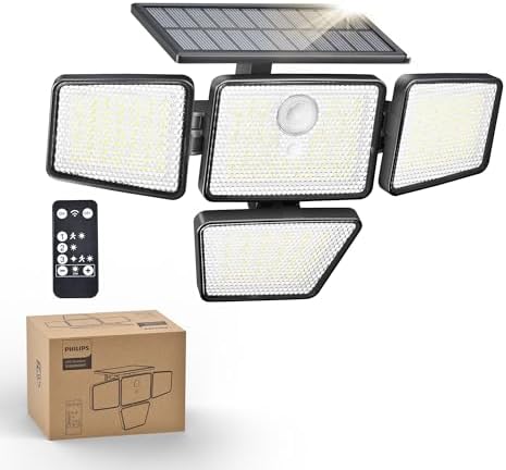 Philips Solarlampen für Außen mit Bewegungsmelder, 196 LED mit PIR-Bewegungsensor, 3 Modi, 4 Verstellbare Lampenköpfe, Solarbetriebene Außenleuchte mit Fernbedienung, IP65 Wasserdicht (1 Stück)