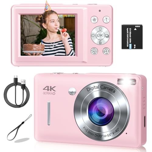 Digital Camera, 44MP Compact Camera, FHD 1080P Point and Shoot Digital Cameras with 16X Zoom, Face Detect, Smile Capture, Anti Shake, for Boys Girls Teens Gifts (Pink)